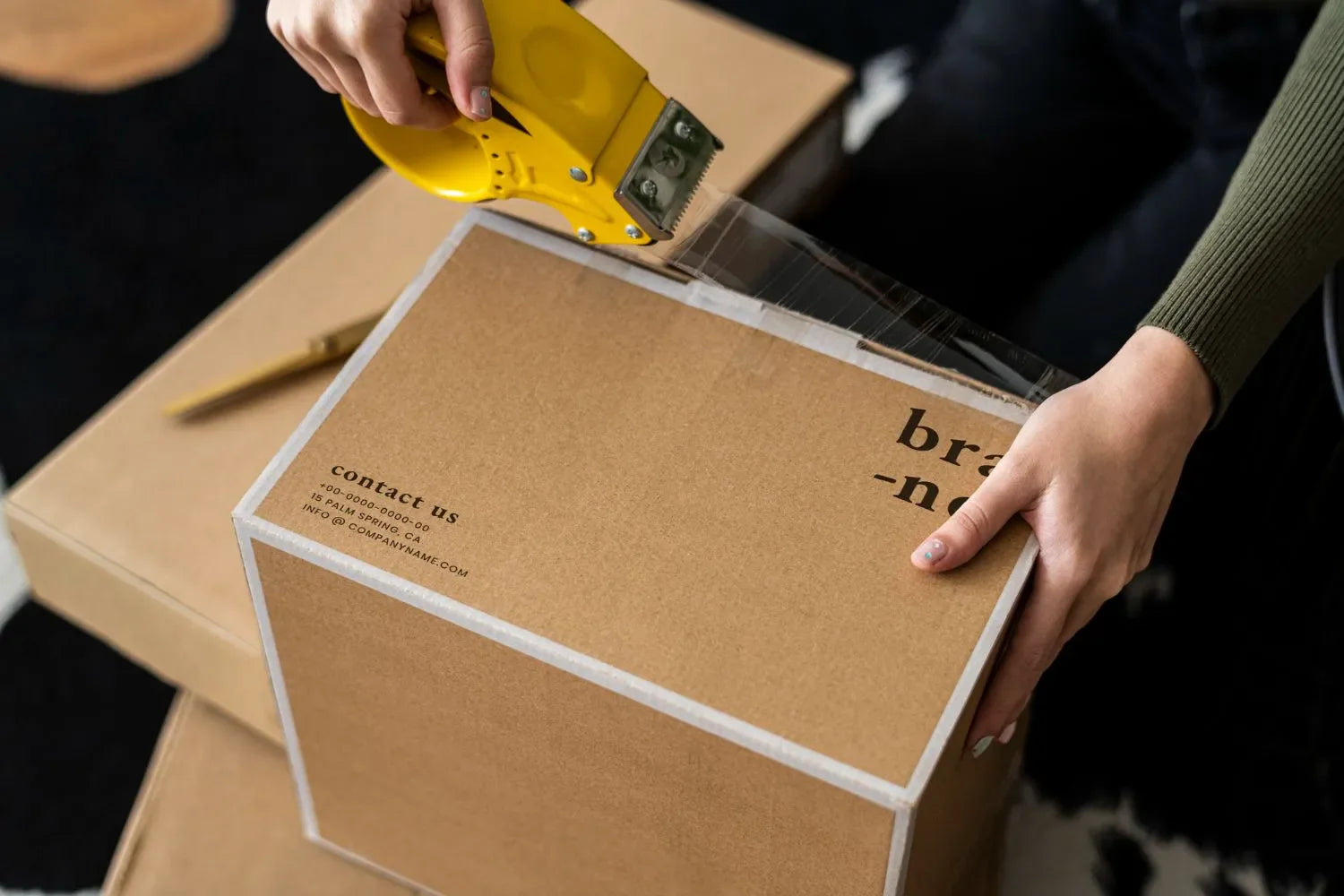 A person using a yellow tape dispenser to seal a cardboard box, emphasizing packaging techniques for shipping.