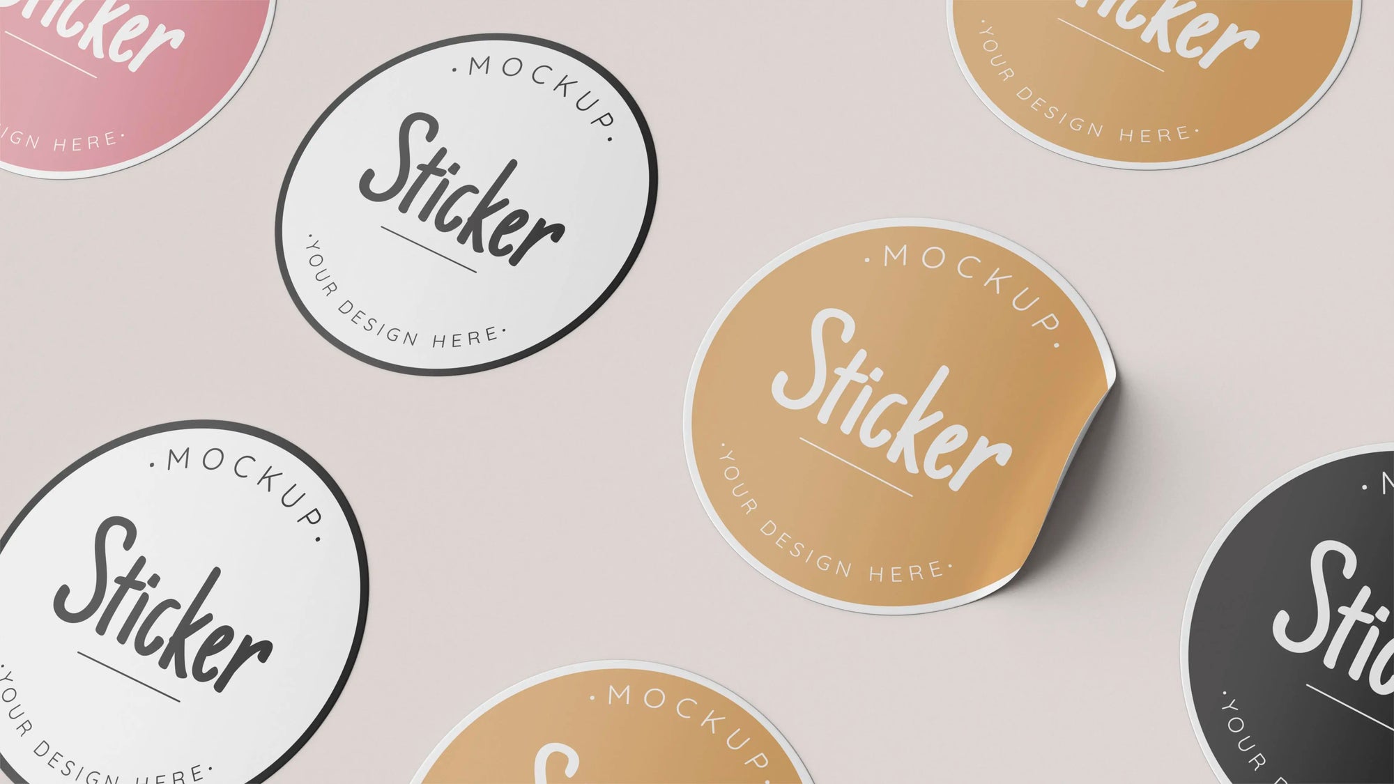 Collection of custom sticker mockups featuring various colors and designs on a light background.