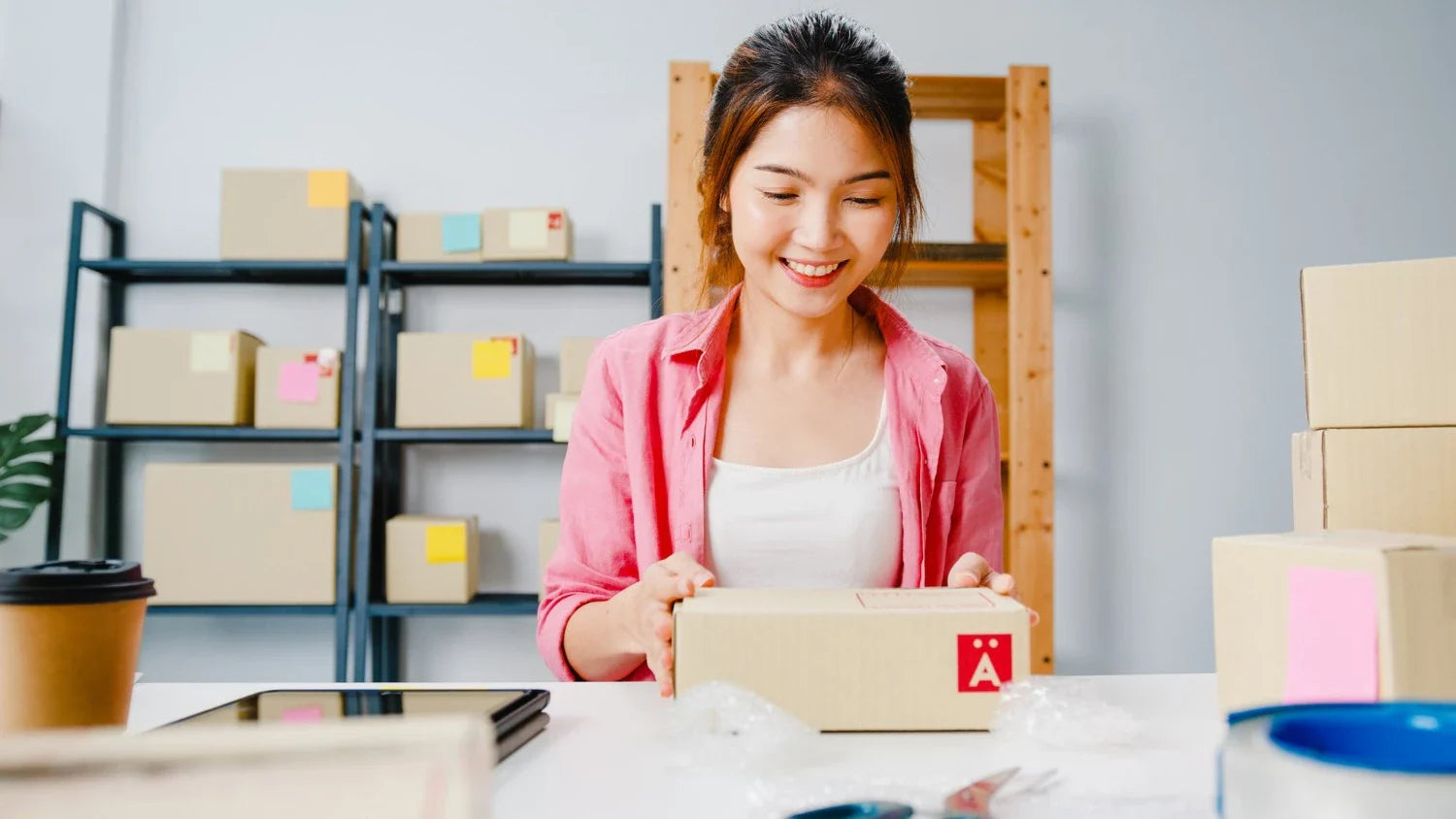 woman smiling while opening a package at a table surrounded by shipping boxes and a coffee cup
