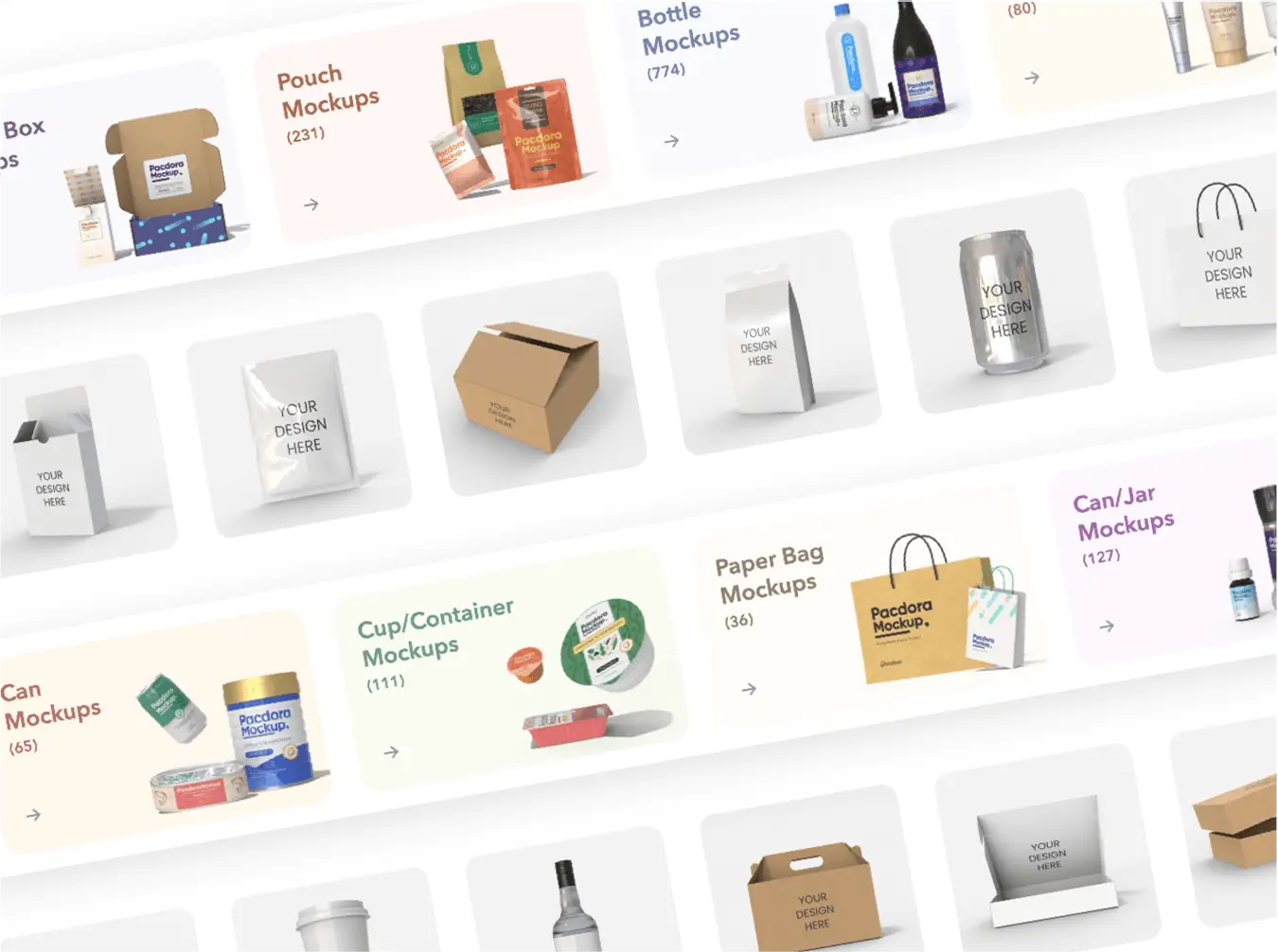 Various product packaging mockups including boxes, bags, and bottles showcased on a digital platform for design inspiration.