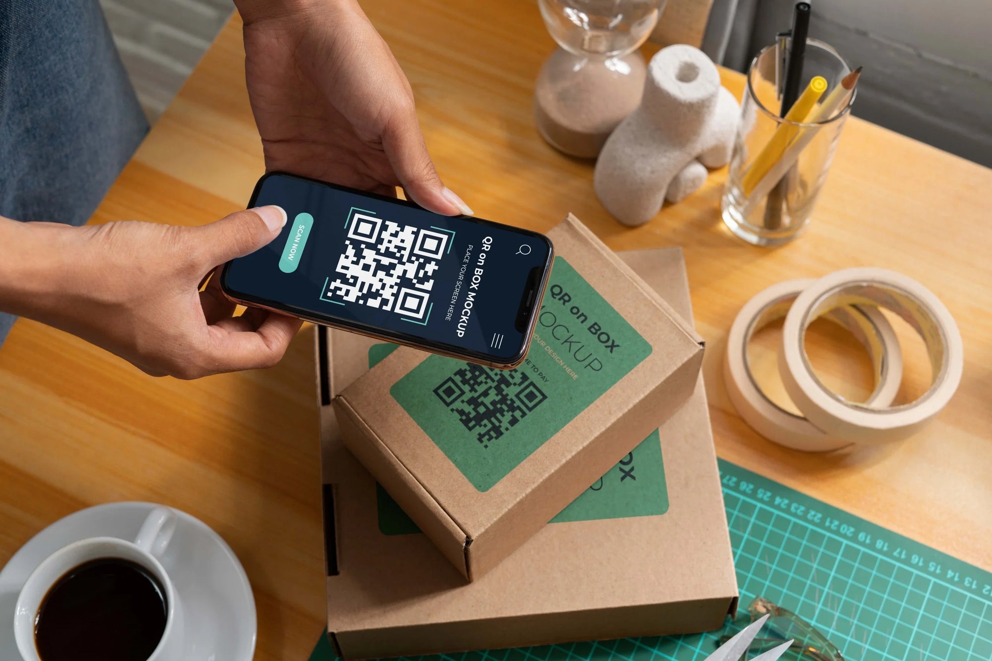 person scanning a QR code on packaging with a smartphone on a wooden table with crafting supplies.