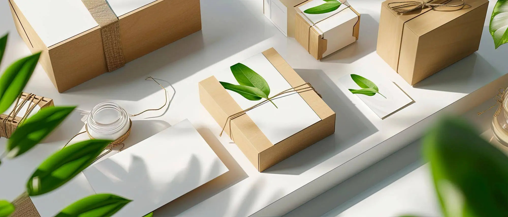 A collection of eco-friendly packaging made from kraft paper and decorated with green leaves on a white surface.