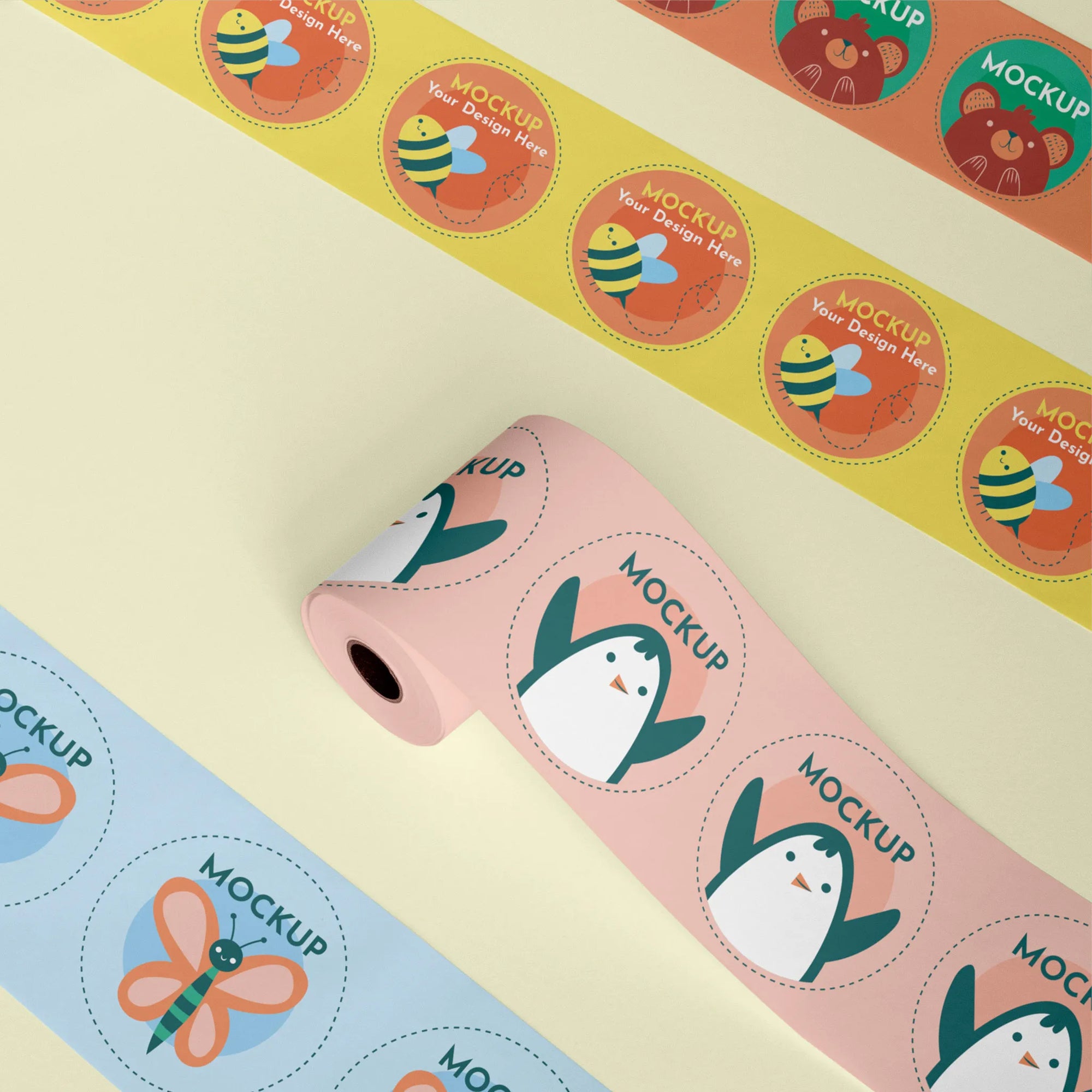 Colorful custom roll labels featuring fun designs like bees, penguins, and dragonflies on a light background.