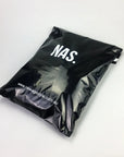 Custom black poly mailer bag featuring the brand name 'NAS.' for stylish and eco-friendly shipping solutions.
