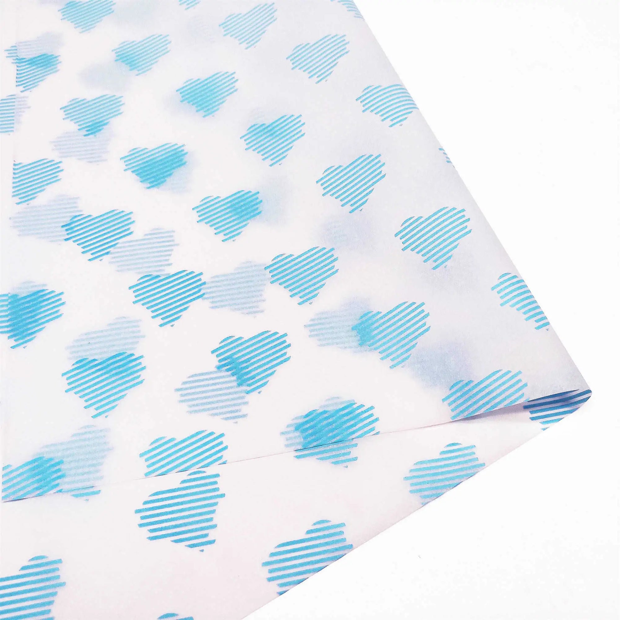 Custom tissue paper featuring blue heart patterns, perfect for elegant packaging and branding solutions.