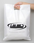 White custom die cut handle bag featuring graphic logo design for branding and promotion.