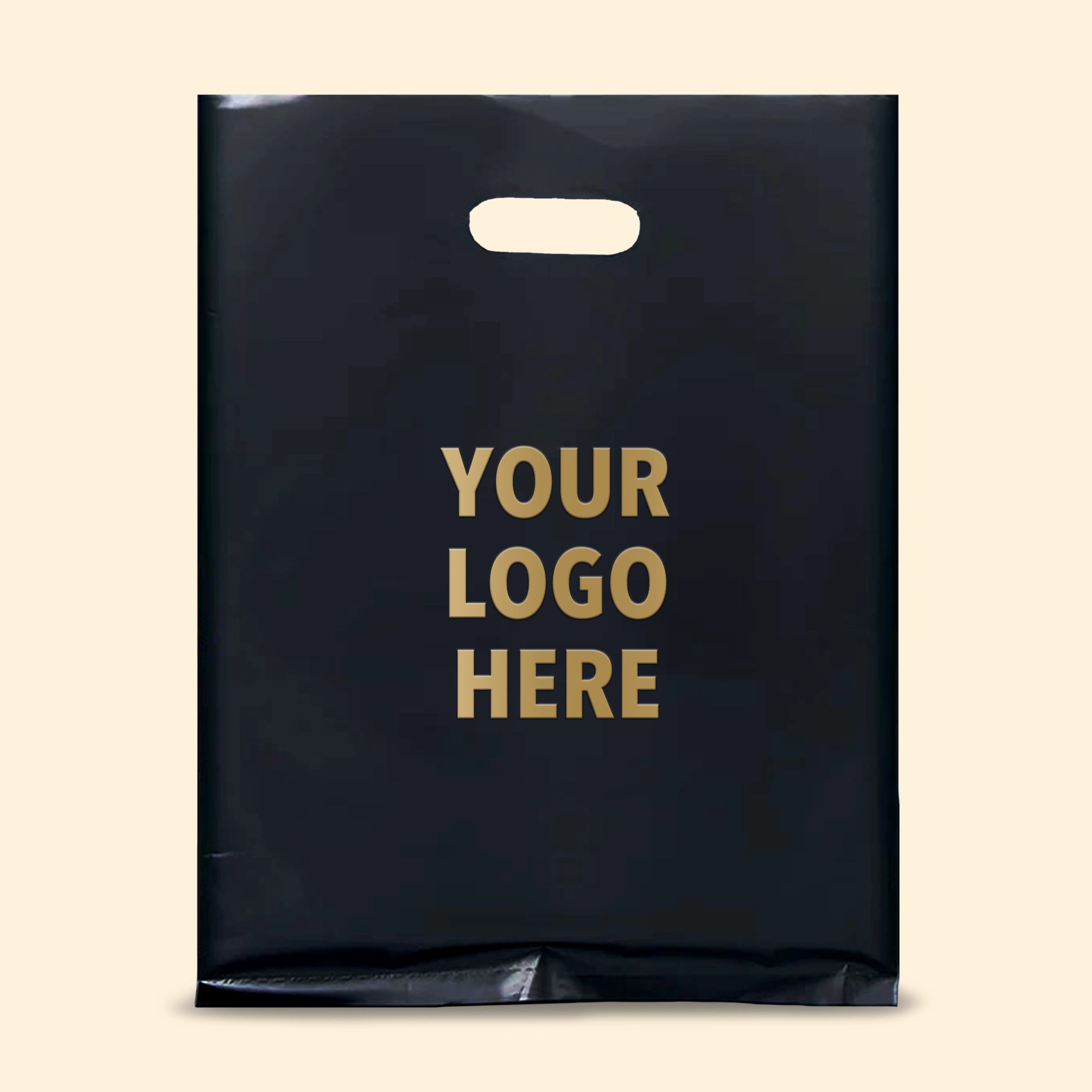 Custom die cut handle bag featuring personalized logo display in elegant black design.