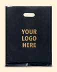Custom die cut handle bag featuring personalized logo display in elegant black design.