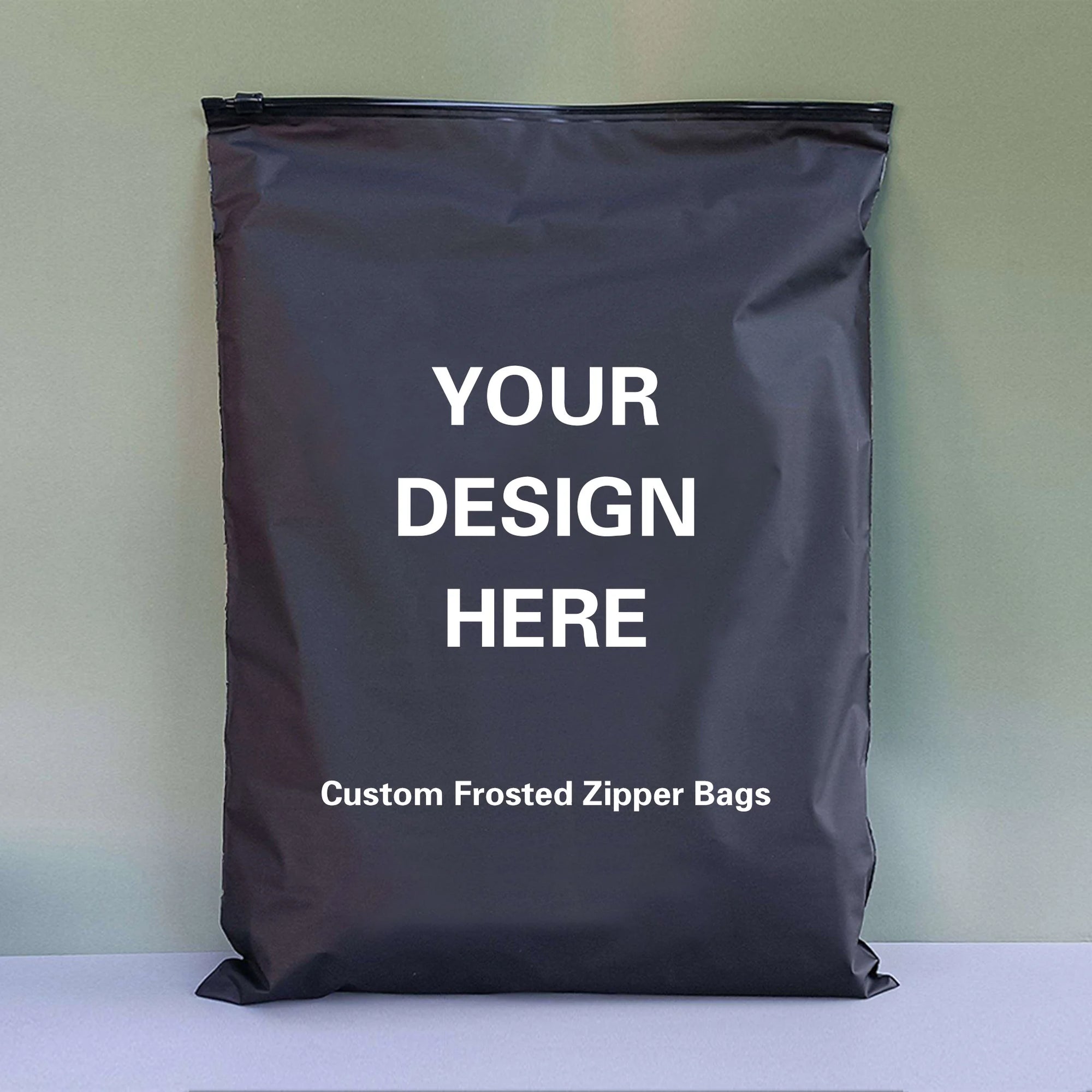 Custom black zipper bag with personalized design option for branding and packaging solutions.