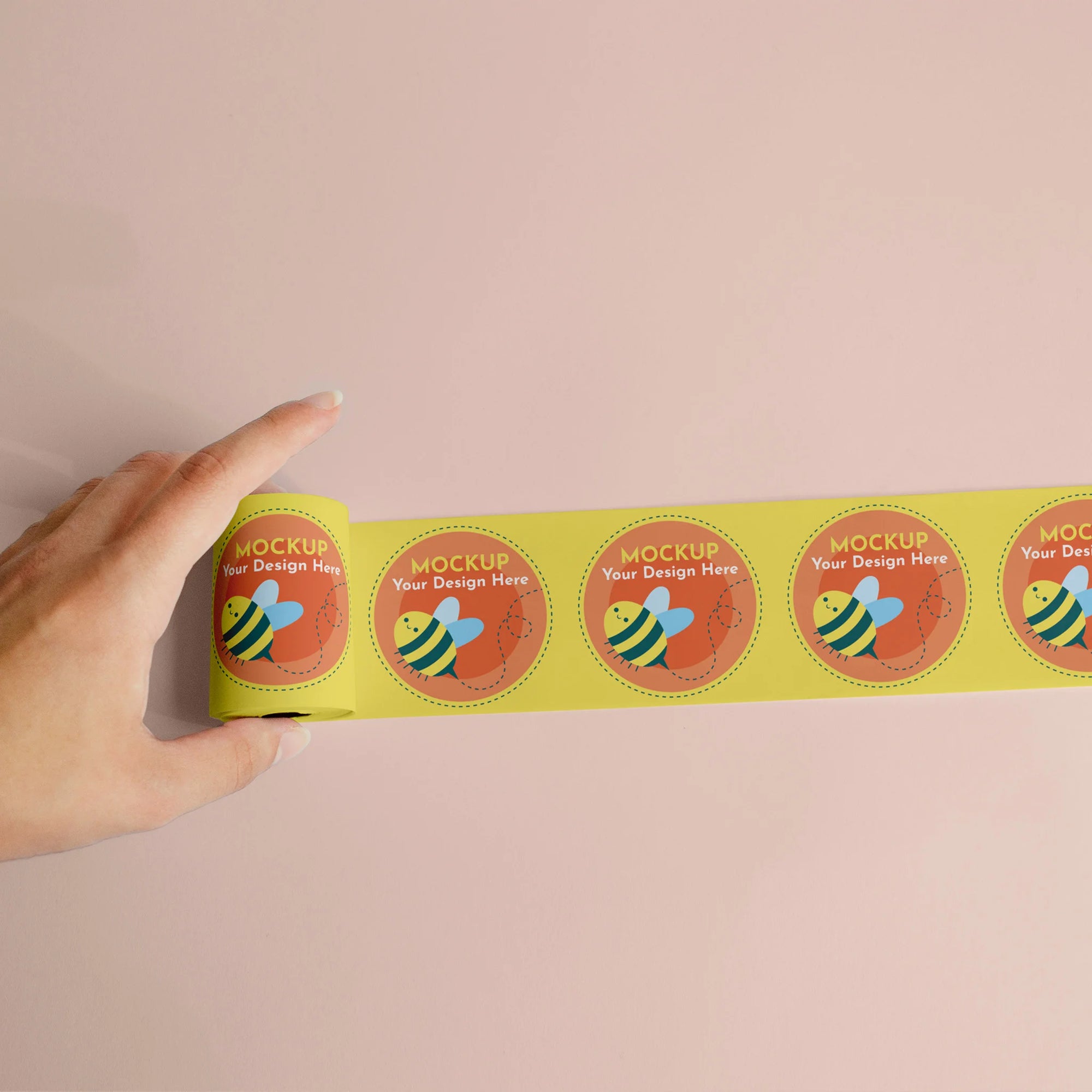 Custom round roll labels displayed with a design mockup, showcasing vibrant colors and professional presentation.