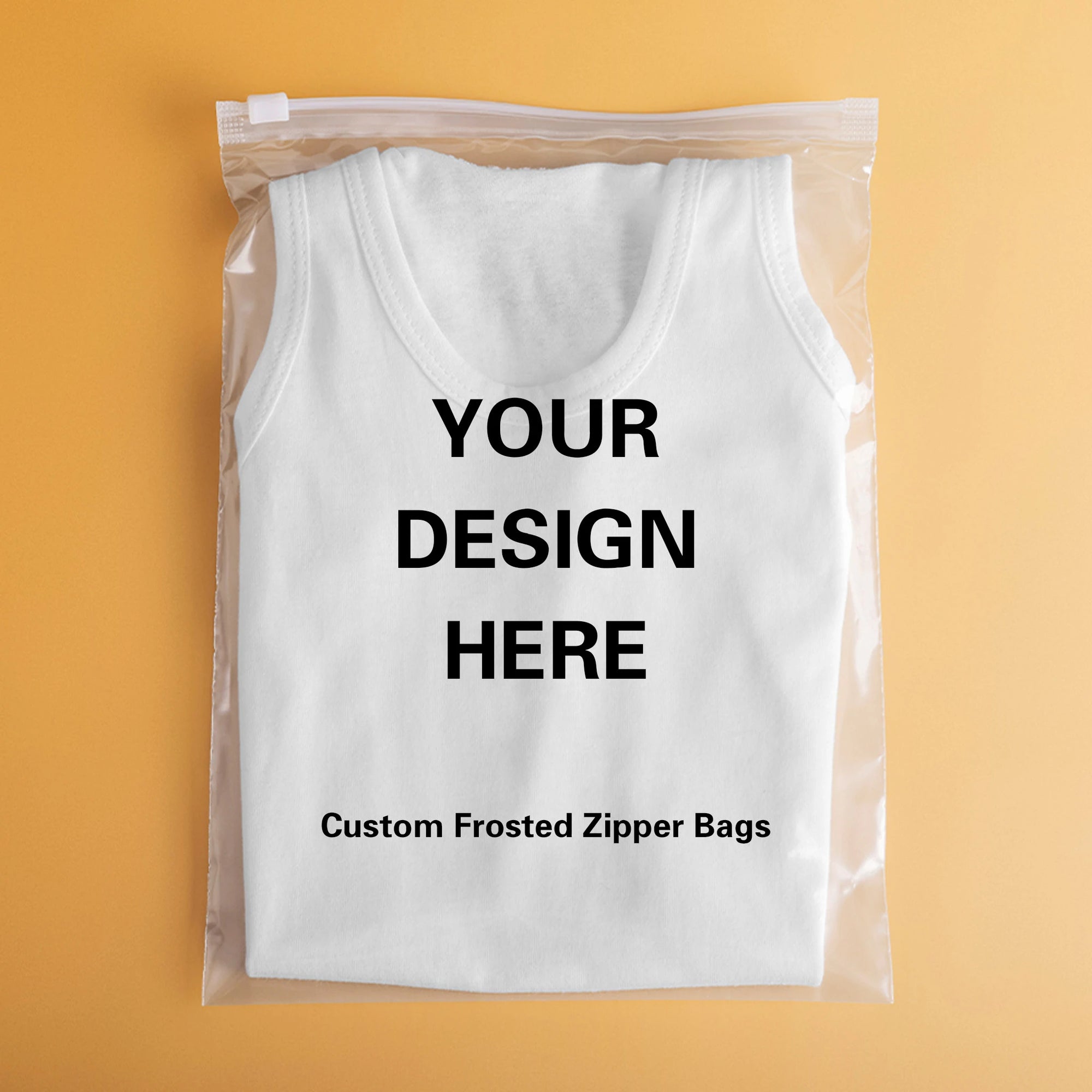 Custom frosted zipper bag showcasing a white shirt with design template and branding, perfect for retail packaging.