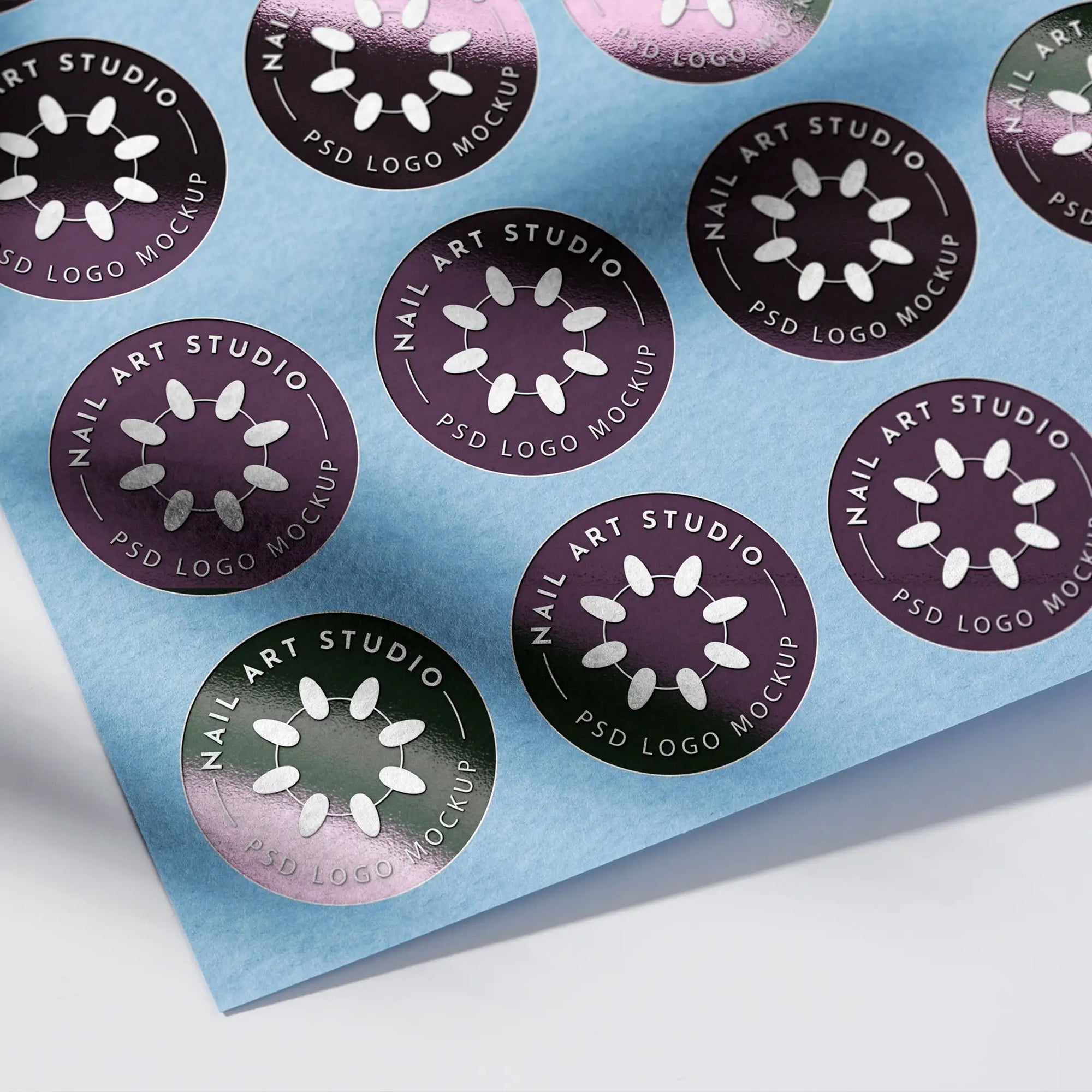 Custom round stickers featuring "Nail Art Studio" logo design on a blue background. Perfect for branding and promotional needs.
