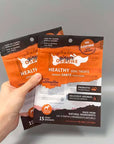 Custom Flat Pouches showcasing healthy dog treats with vibrant design and key features highlighted.