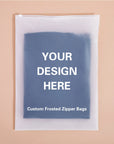 Custom frosted zipper bags featuring a clear design area for personalized branding and a modern, elegant look.
