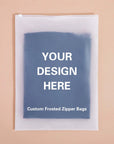 Custom frosted zipper bags featuring a clear design area for personalized branding and a modern, elegant look.