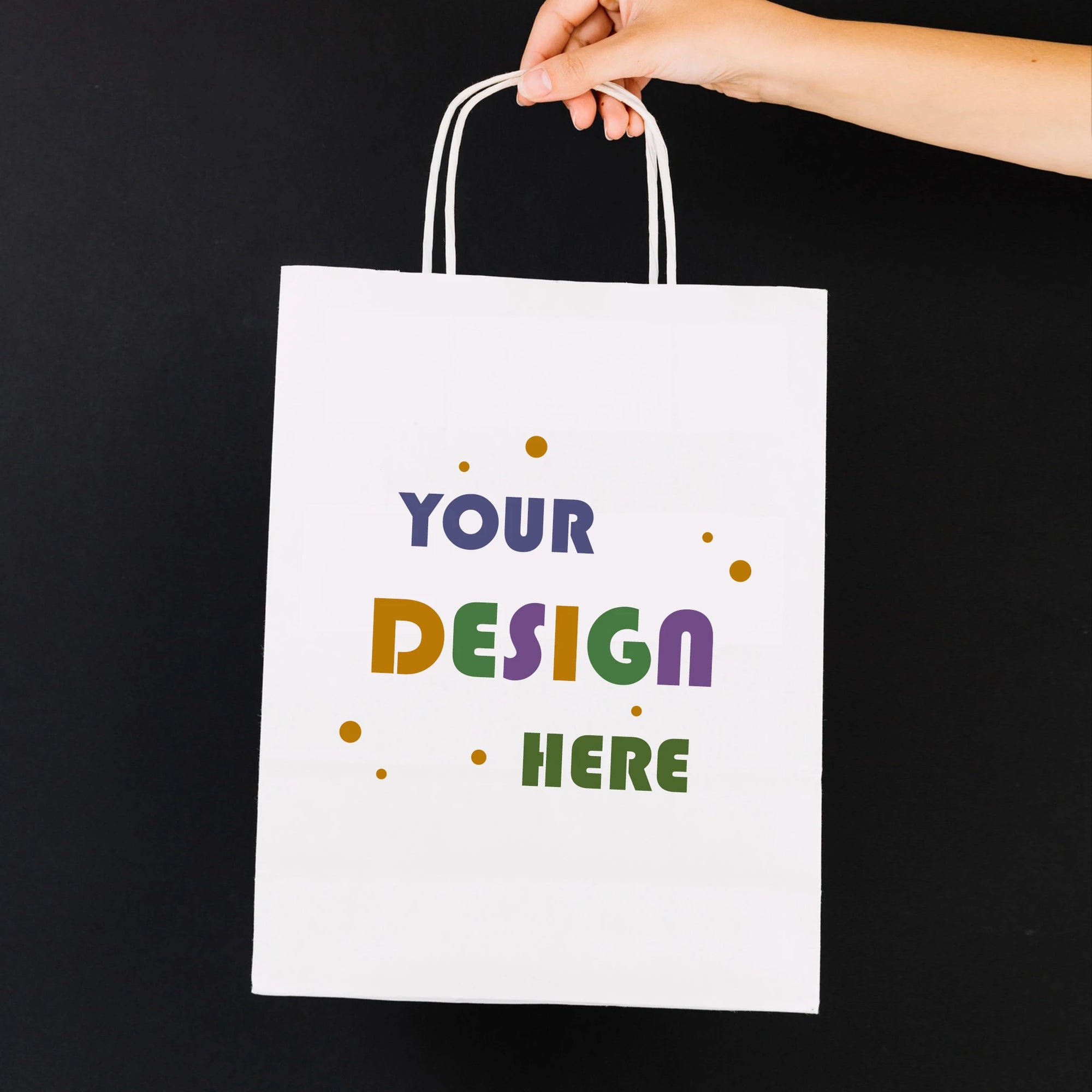 Custom white paper bag with space for personalized design, ideal for branding and gifting.
