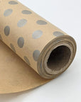 Custom tissue paper roll with silver polka dots, eco-friendly packaging solution for branding and style.