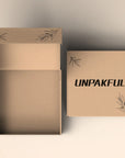 Custom mailer box design featuring an open box and a closed box with floral illustrations and the brand name "UNPAKFUL".