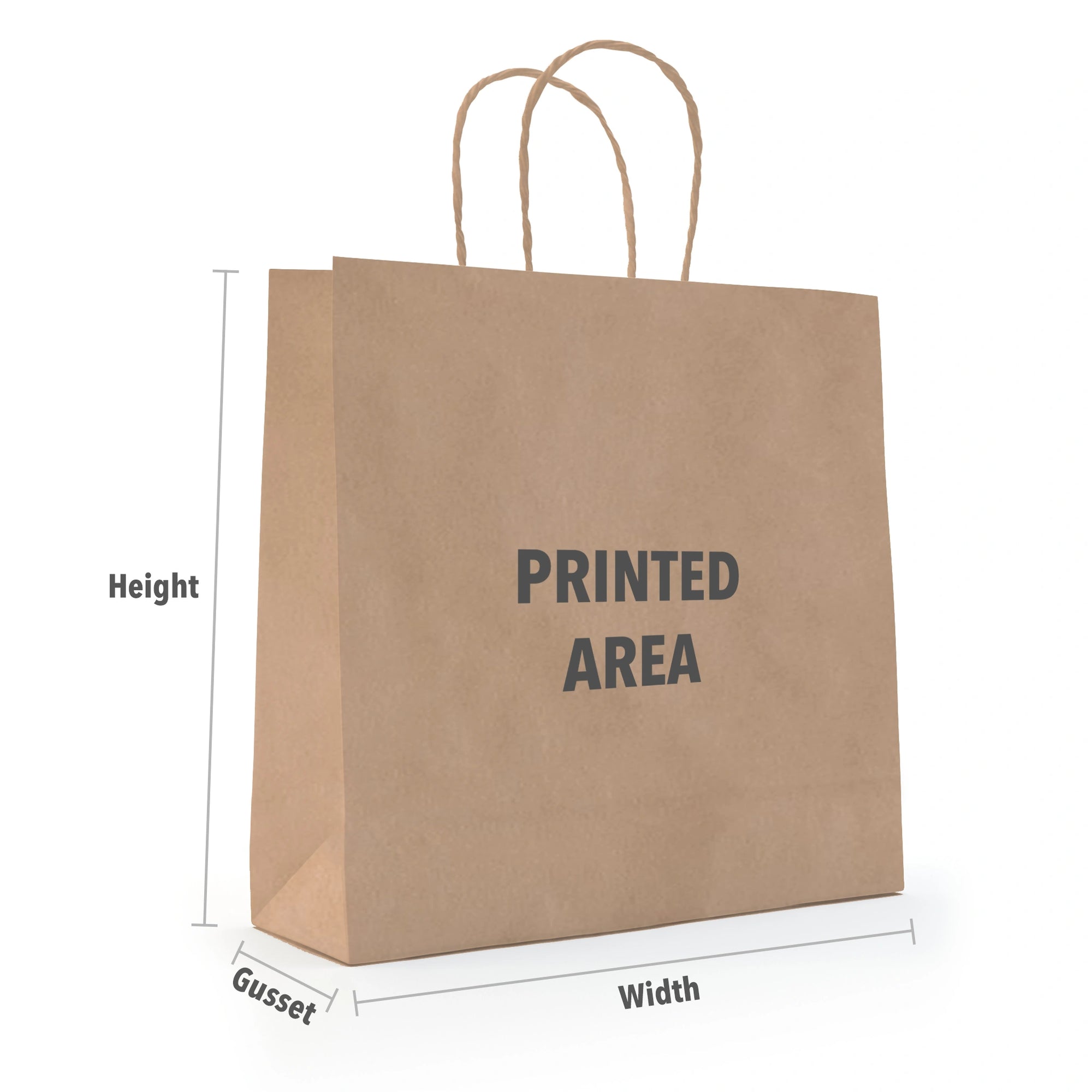 Custom paper bag design showcasing printed area dimensions and eco-friendly material for retail use.