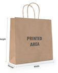 Custom paper bag design showcasing printed area dimensions and eco-friendly material for retail use.