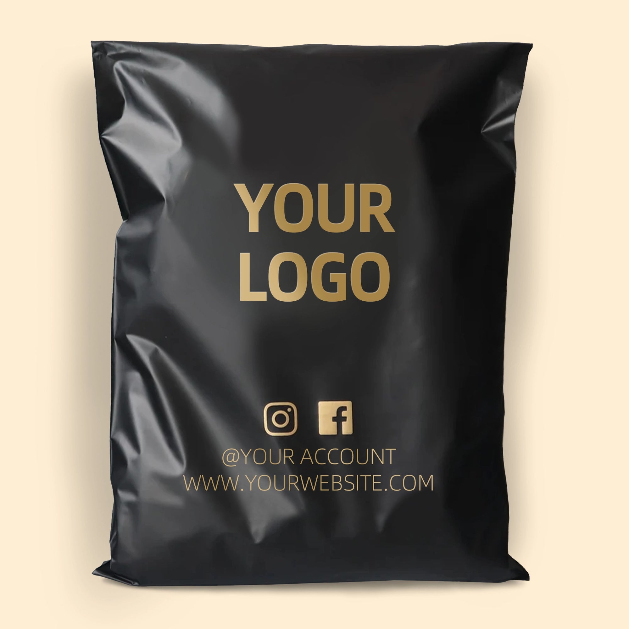 Custom black poly mailer featuring a logo and social media handles for brand promotion and secure shipping.