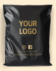 Custom black poly mailer featuring a logo and social media handles for brand promotion and secure shipping.