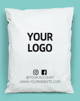 Custom poly mailer featuring a branded logo and social media handles for enhanced marketing visibility.