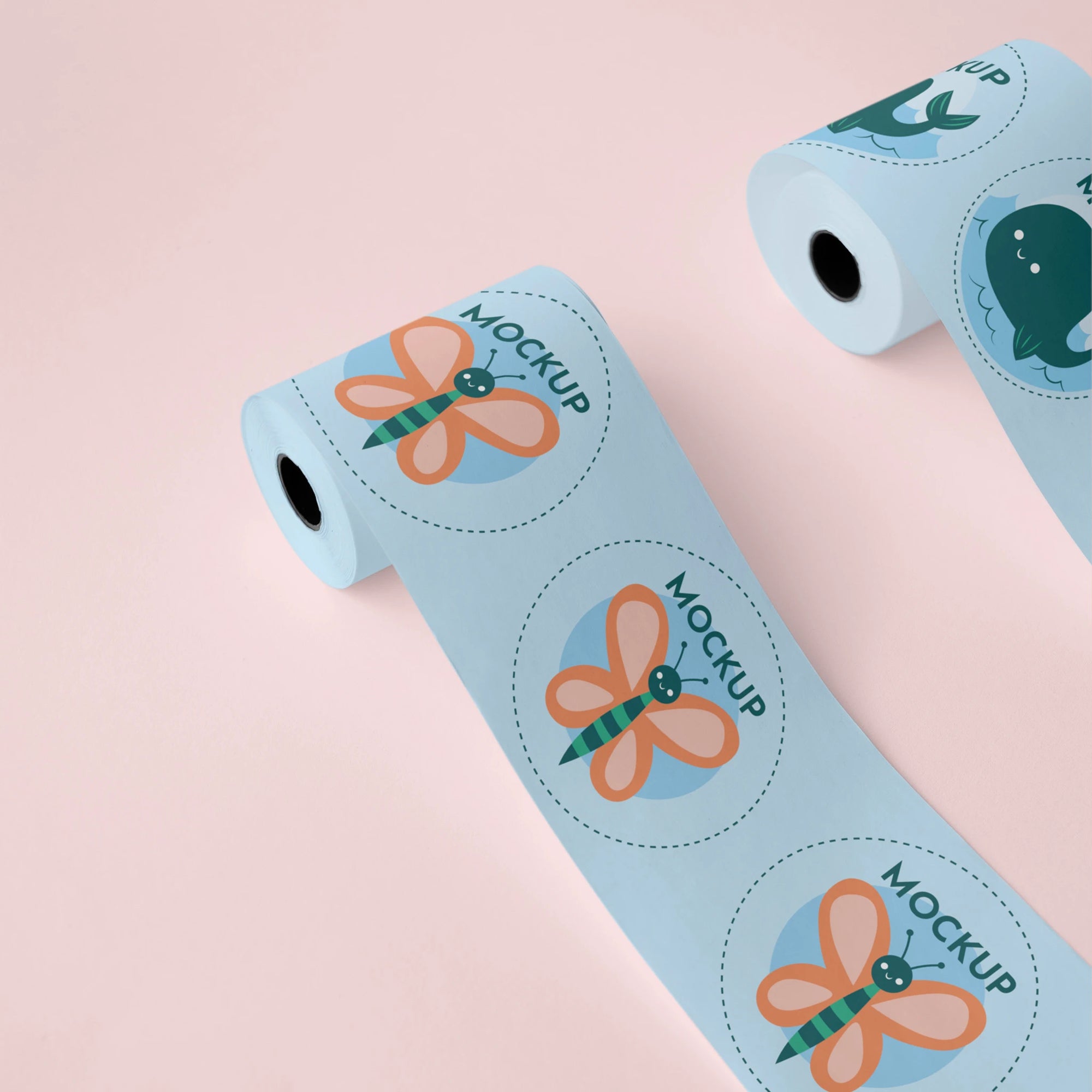 Custom round roll labels featuring colorful designs, including a butterfly and a sea creature on a pastel background.