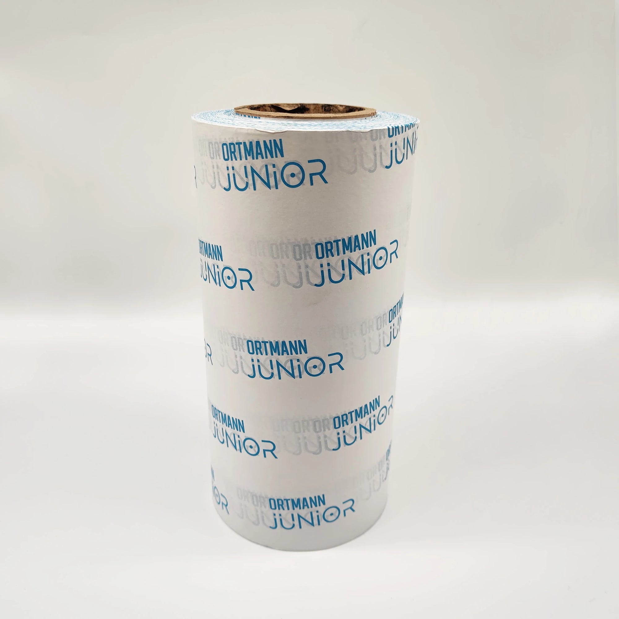 Custom tissue paper roll featuring blue logo design on a white background, ideal for branding and eco-friendly packaging.