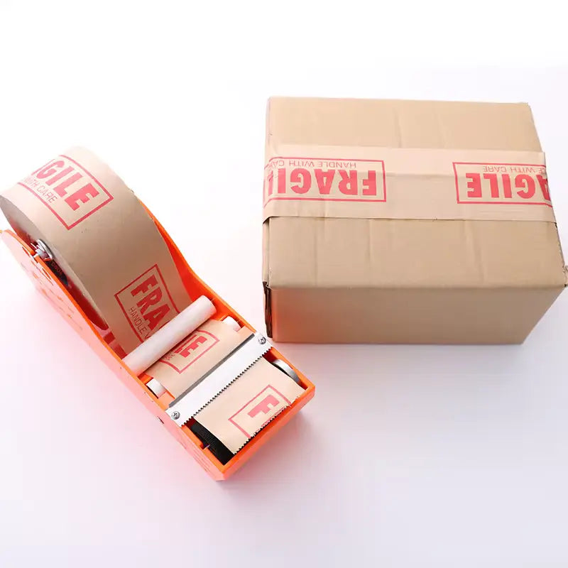 Custom water-activated tape dispenser with fragile box packaging for secure shipping solutions.