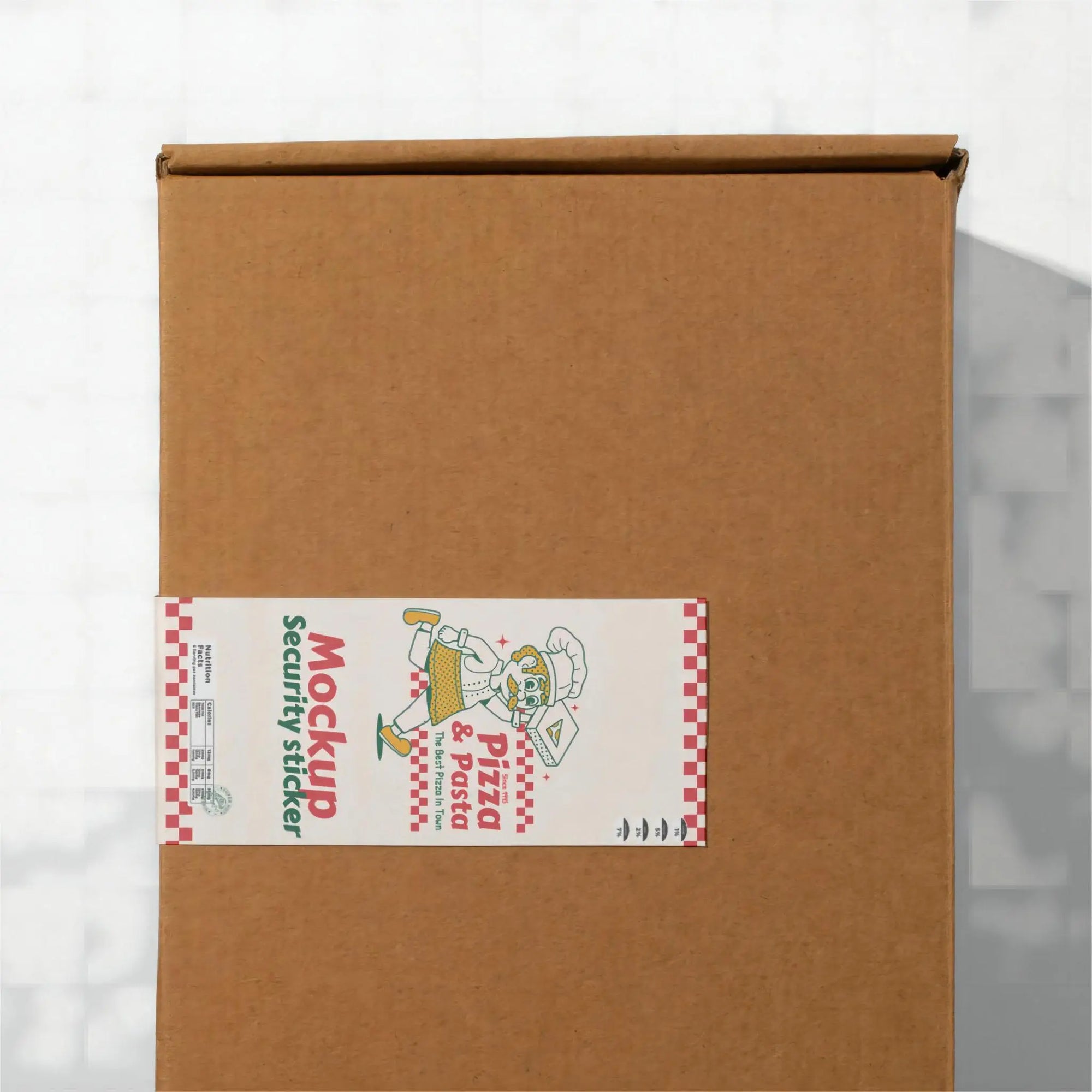 Custom rectangle sticker on a cardboard box labeled 'Mockup Security Sticker' for branding and packaging.