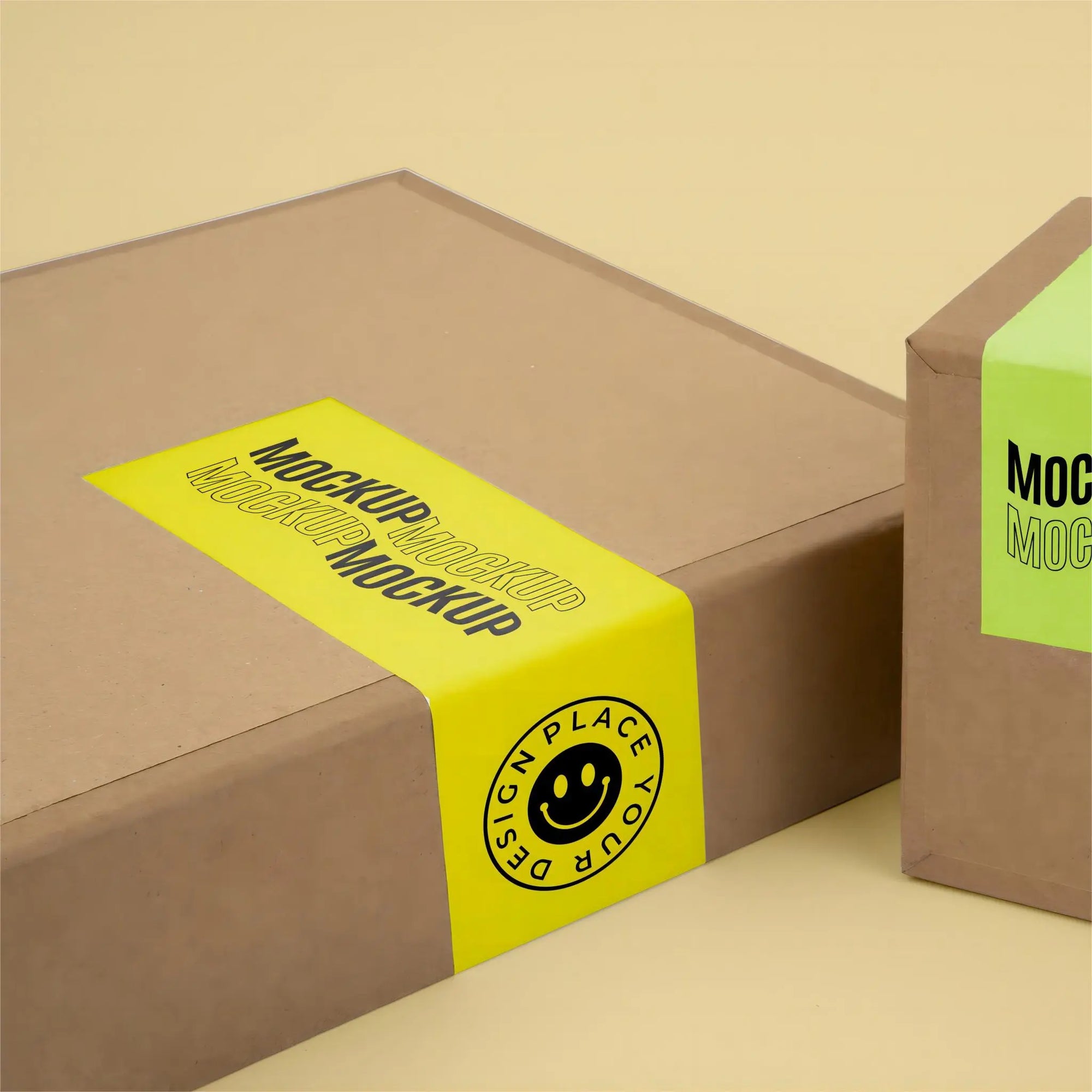 Custom packaging with vibrant yellow mockup sticker showcasing branding and design options.