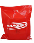 Custom red die cut handle bag featuring Raney's logo, perfect for retail and promotional use.