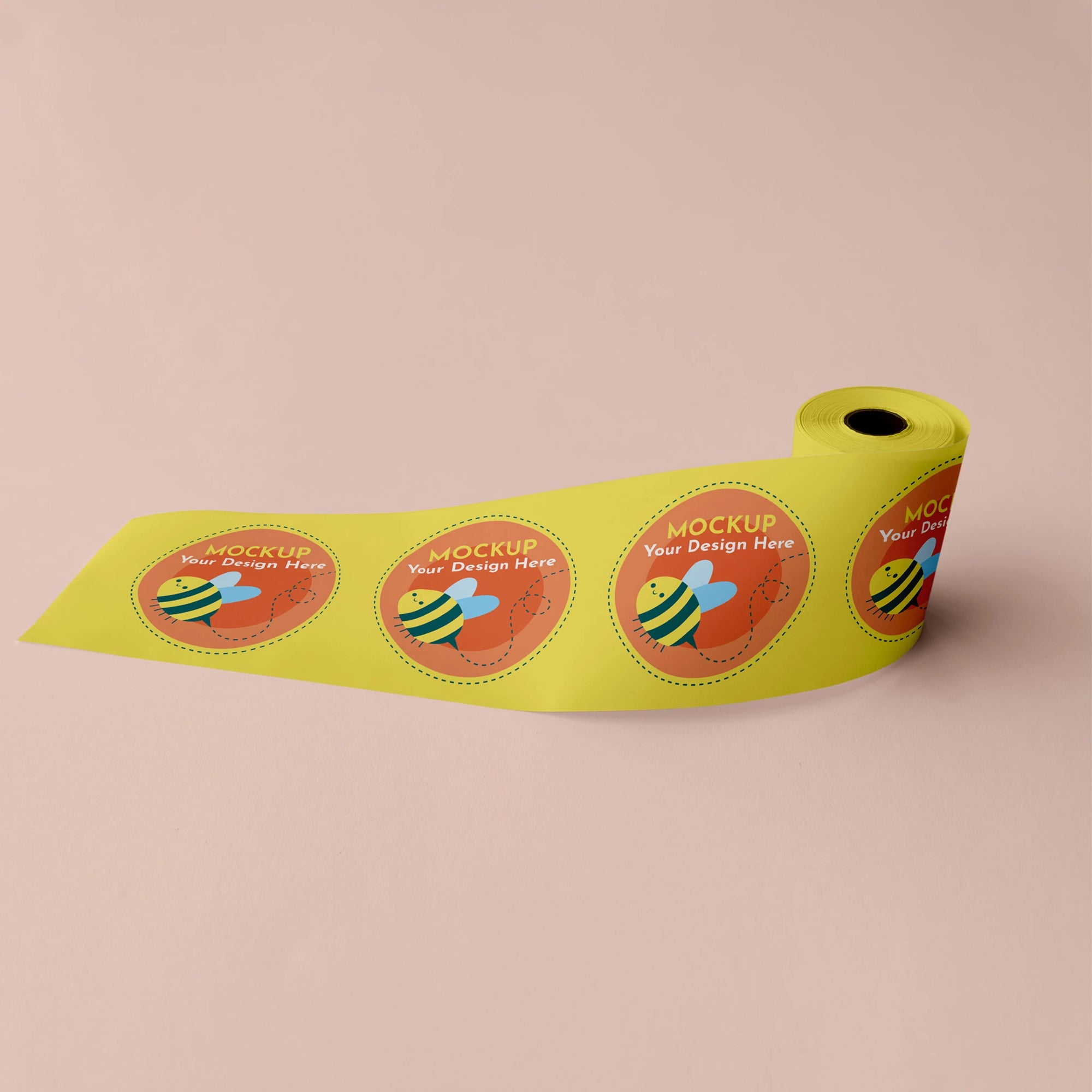 Custom round roll labels featuring colorful designs for packaging mockups on a yellow background.