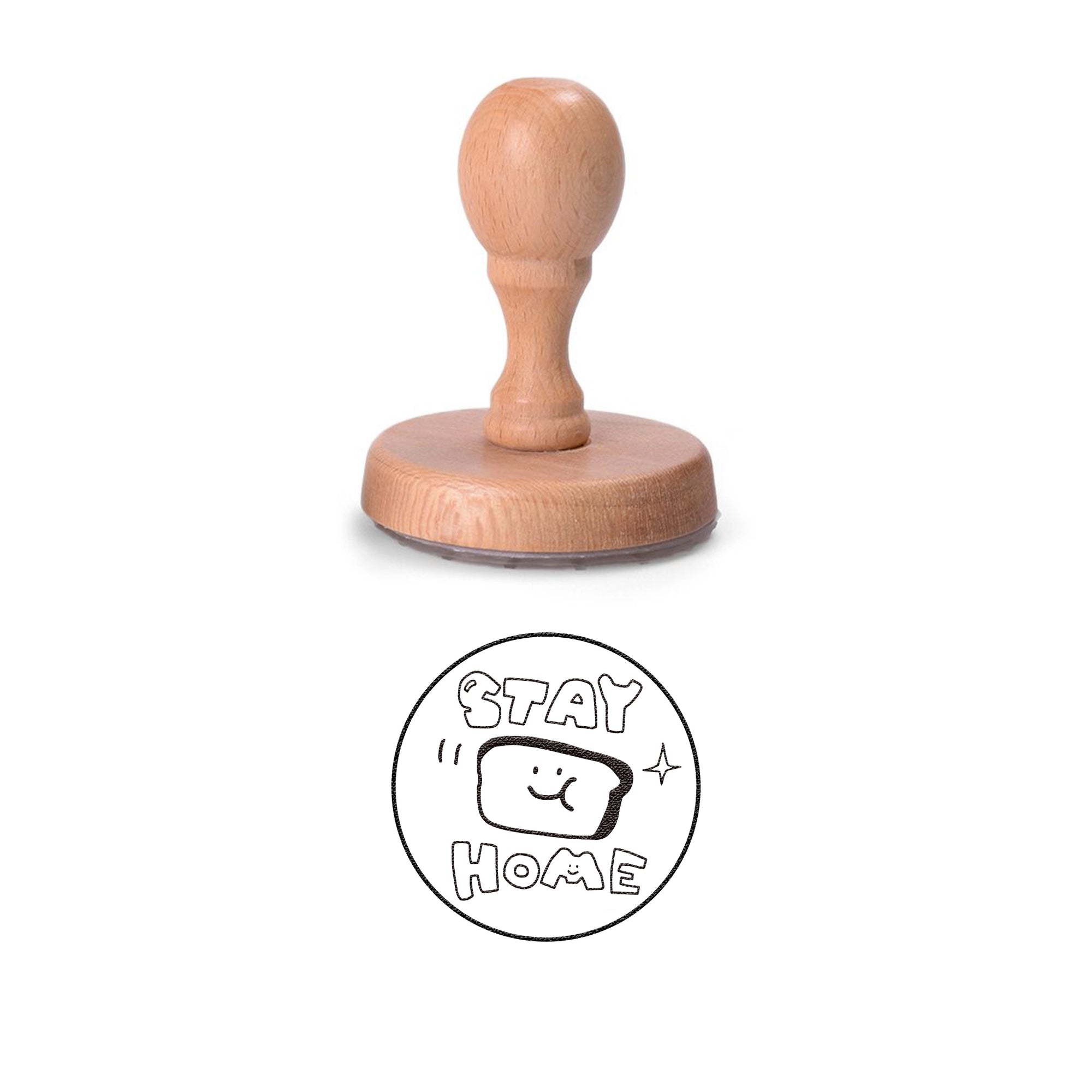 Custom rubber stamp with wooden handle featuring a "Stay Home" design for personalized messaging.