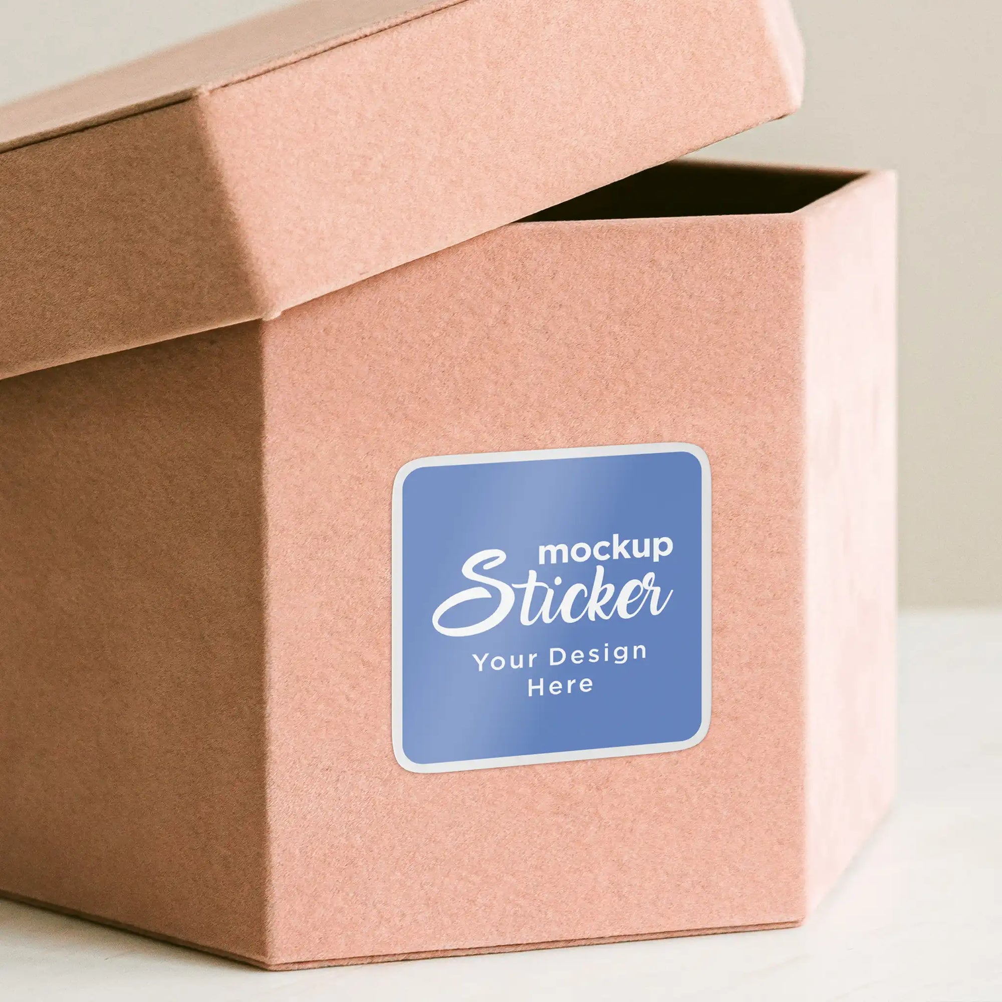 Custom square sticker mockup on a brown paper box, showcasing personalized design options for branding.