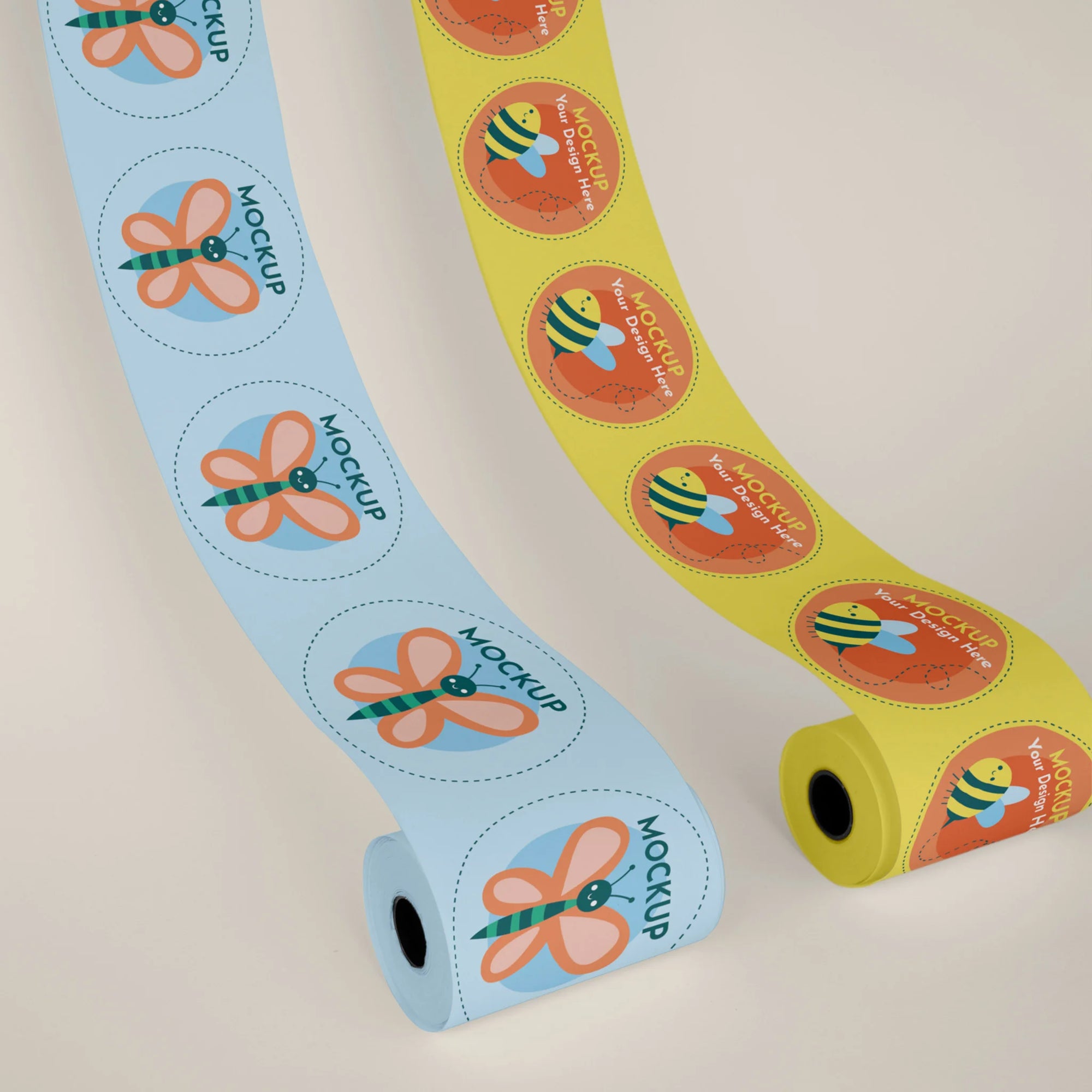 Custom round roll labels featuring colorful designs in blue and yellow mockup, ideal for enhancing product packaging.