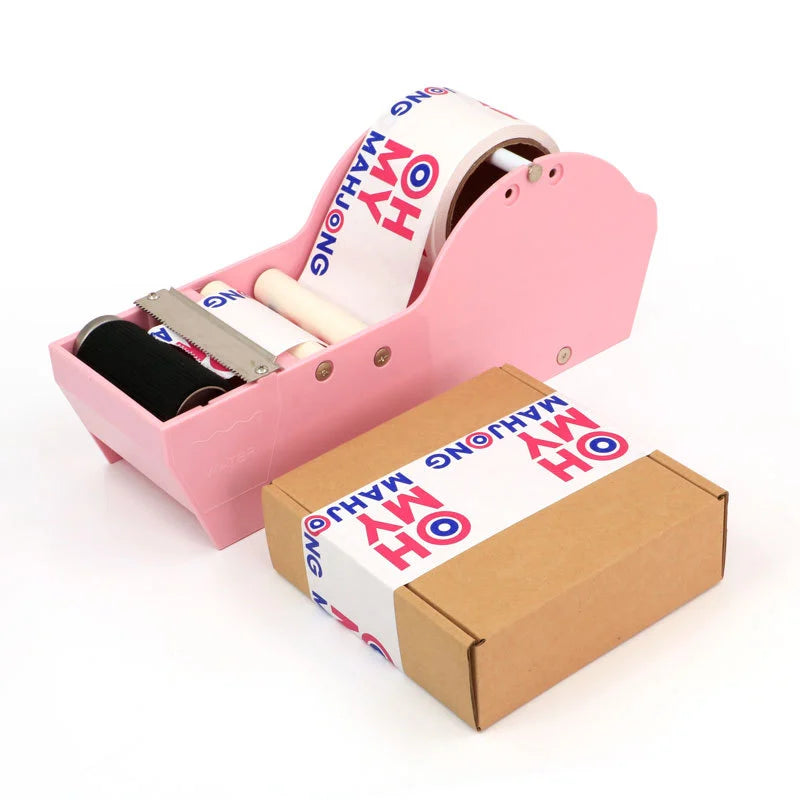 Custom water-activated tape dispenser with branding on a carton box, showcasing secure packaging solution.