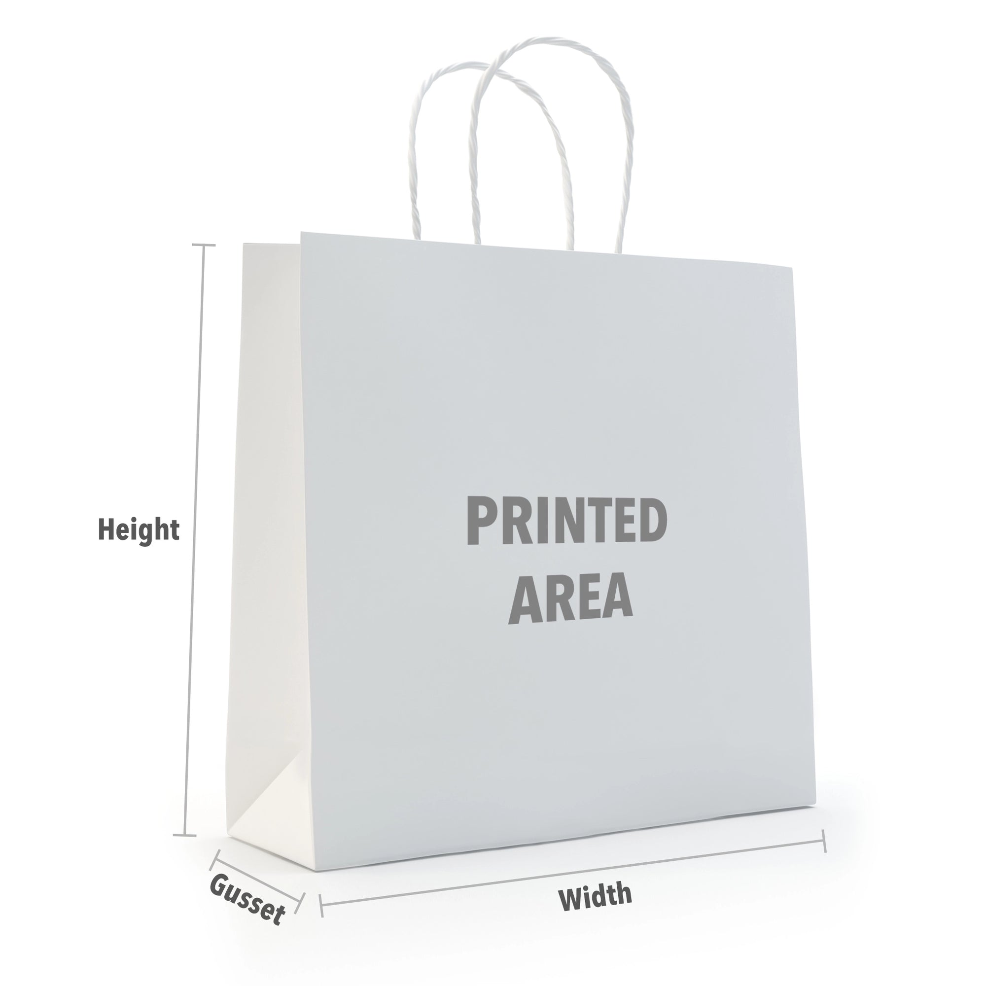 Custom white paper bag with dimensions labeled for height, width, and gusset, showcasing a printed area.