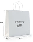 Custom white paper bag with dimensions labeled for height, width, and gusset, showcasing a printed area.