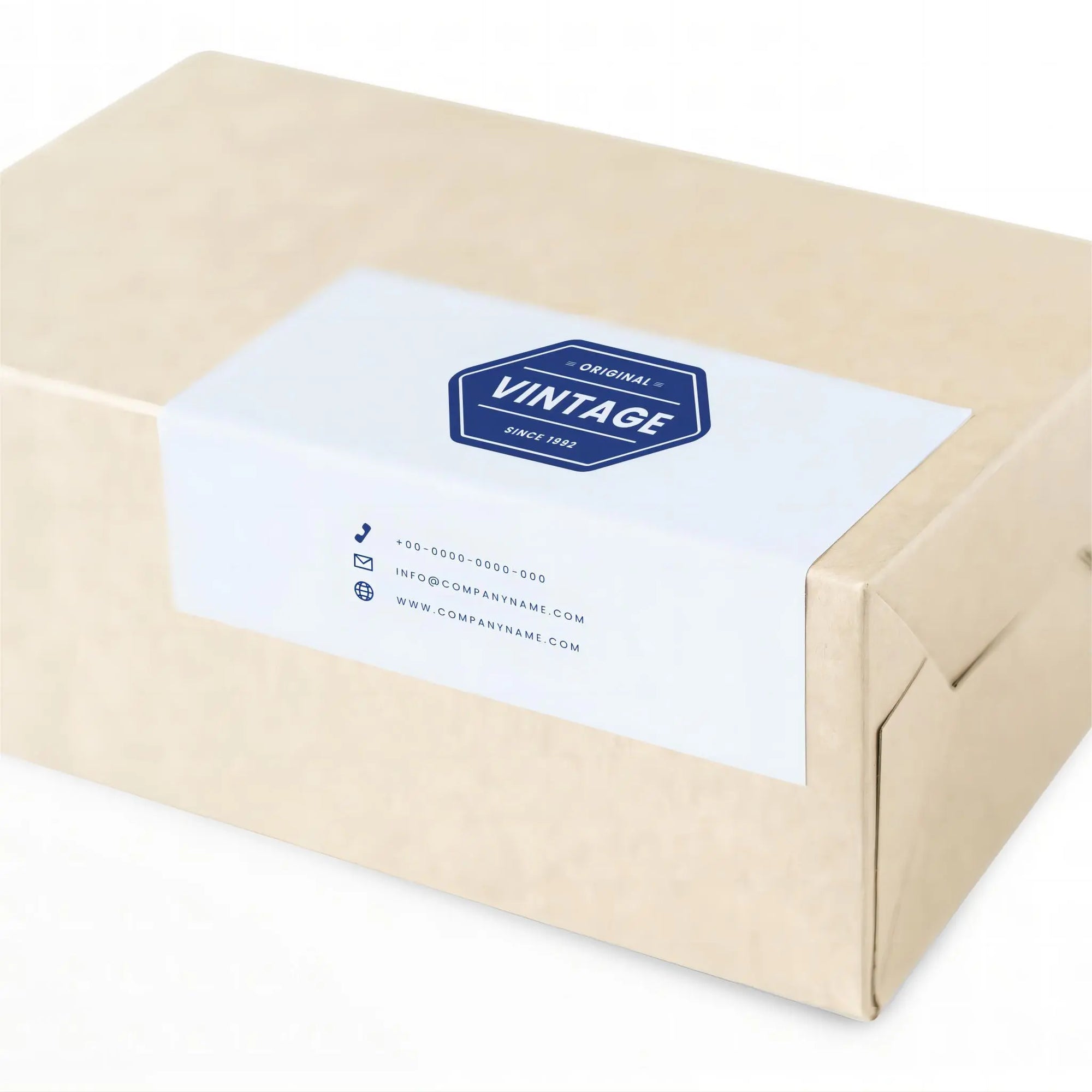Custom vintage sticker on a brown packaging box displaying logo and contact information.