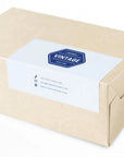 Custom vintage sticker on a brown packaging box displaying logo and contact information.
