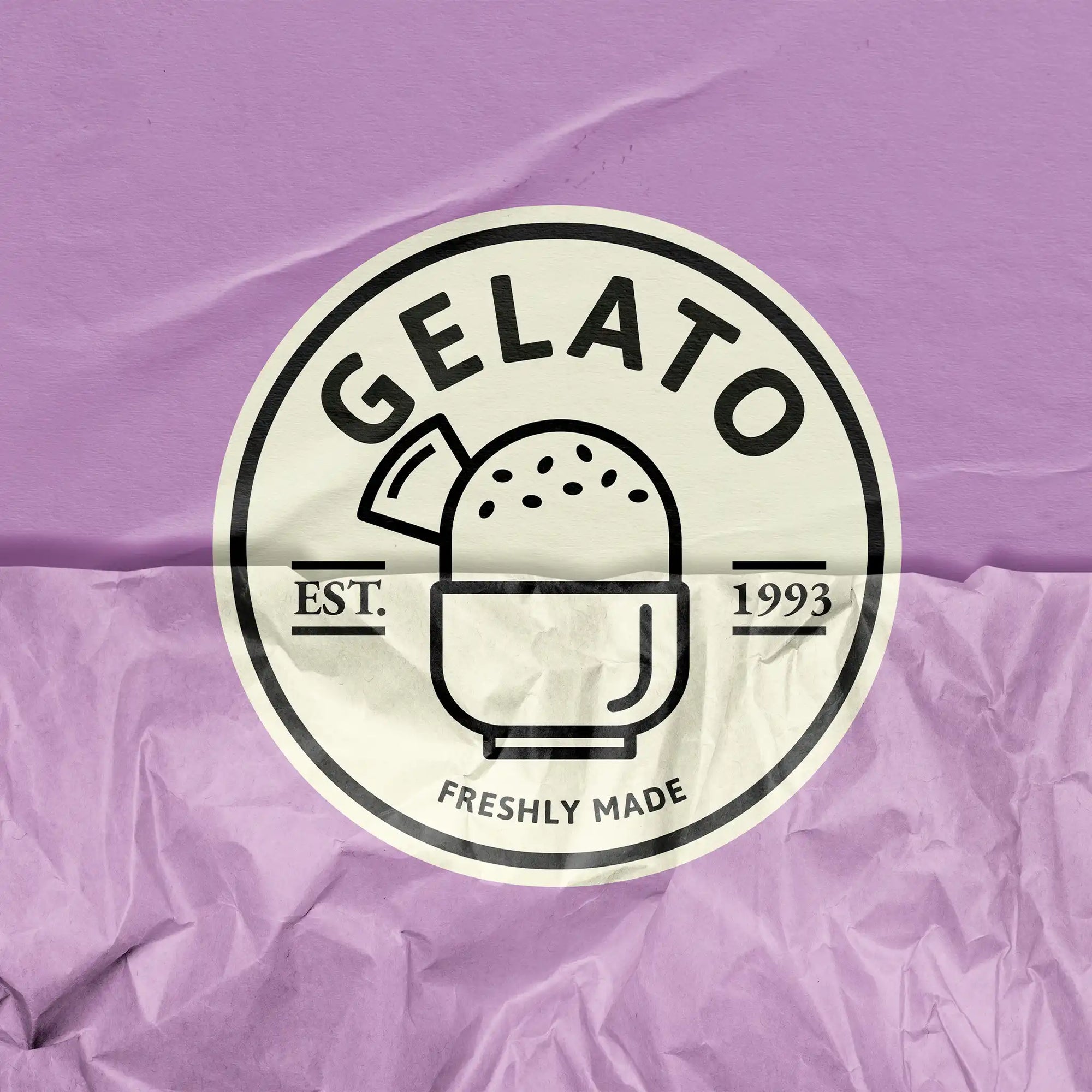 Gelato brand logo featuring a scoop in a cup, established in 1993, on a crumpled purple background.