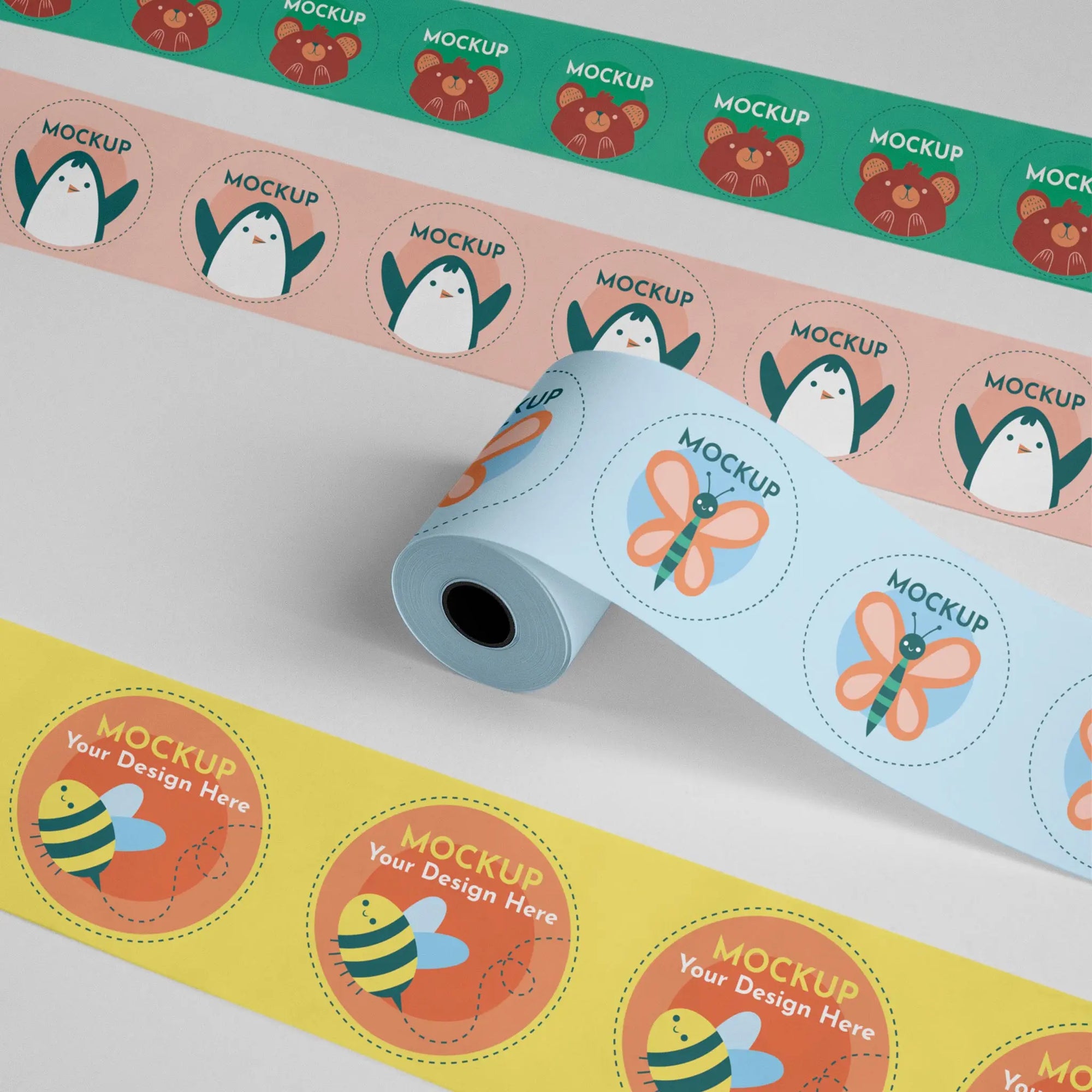 Custom round roll labels featuring colorful animal designs for effective packaging and branding solutions.