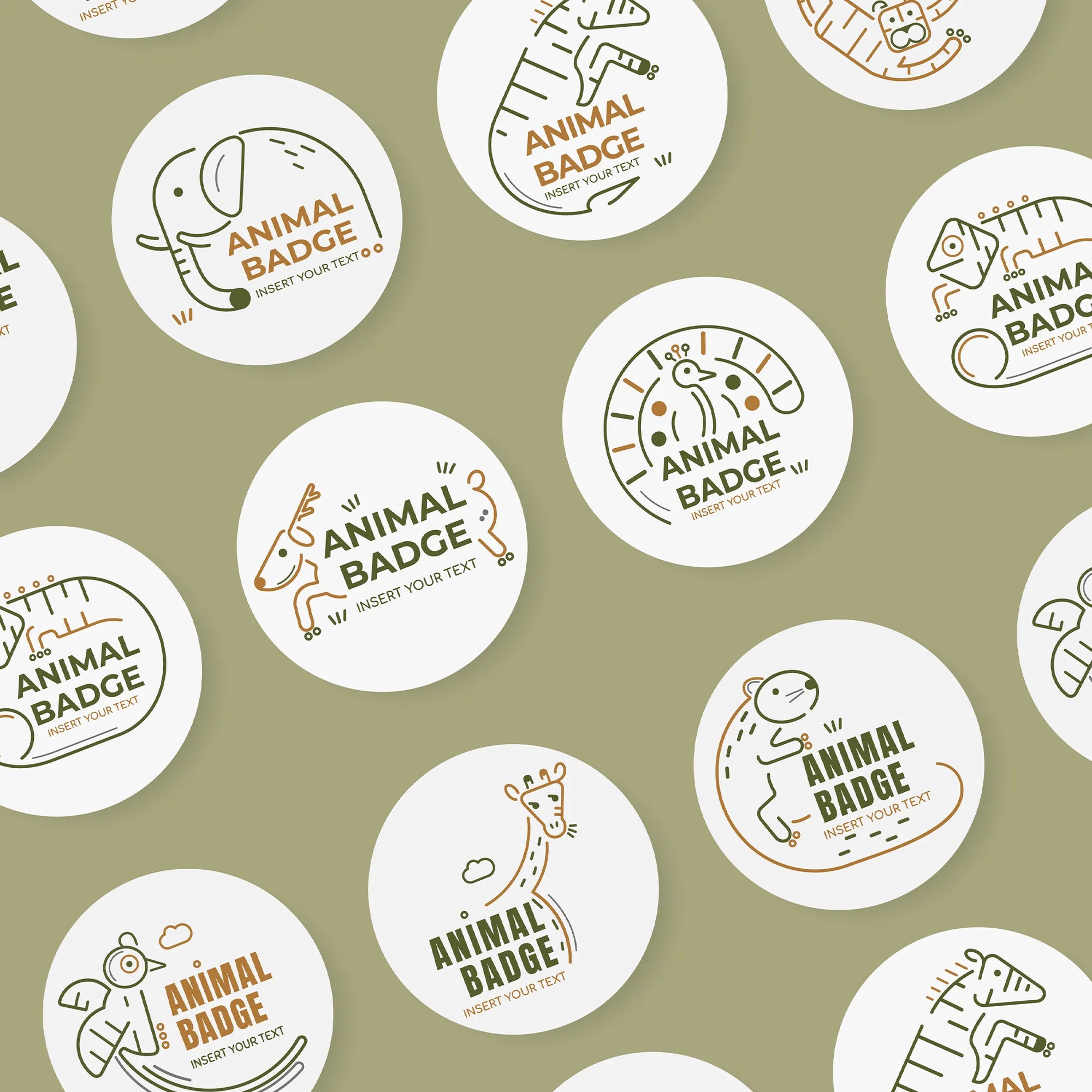Custom round stickers featuring playful animal designs and text placeholders on a green background.