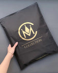 Custom black zipper bag featuring a gold logo, perfect for secure packaging and brand identity.
