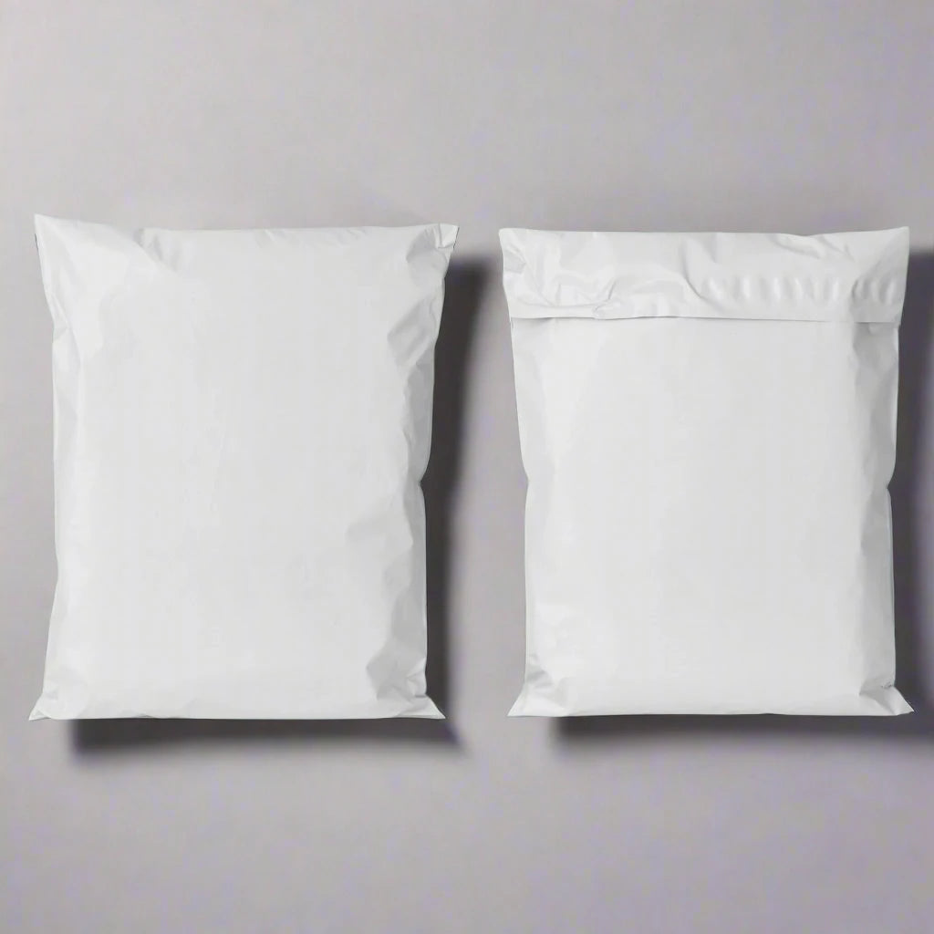 Two white poly mailers showcasing durable, tear-resistant design for safe and efficient shipping.