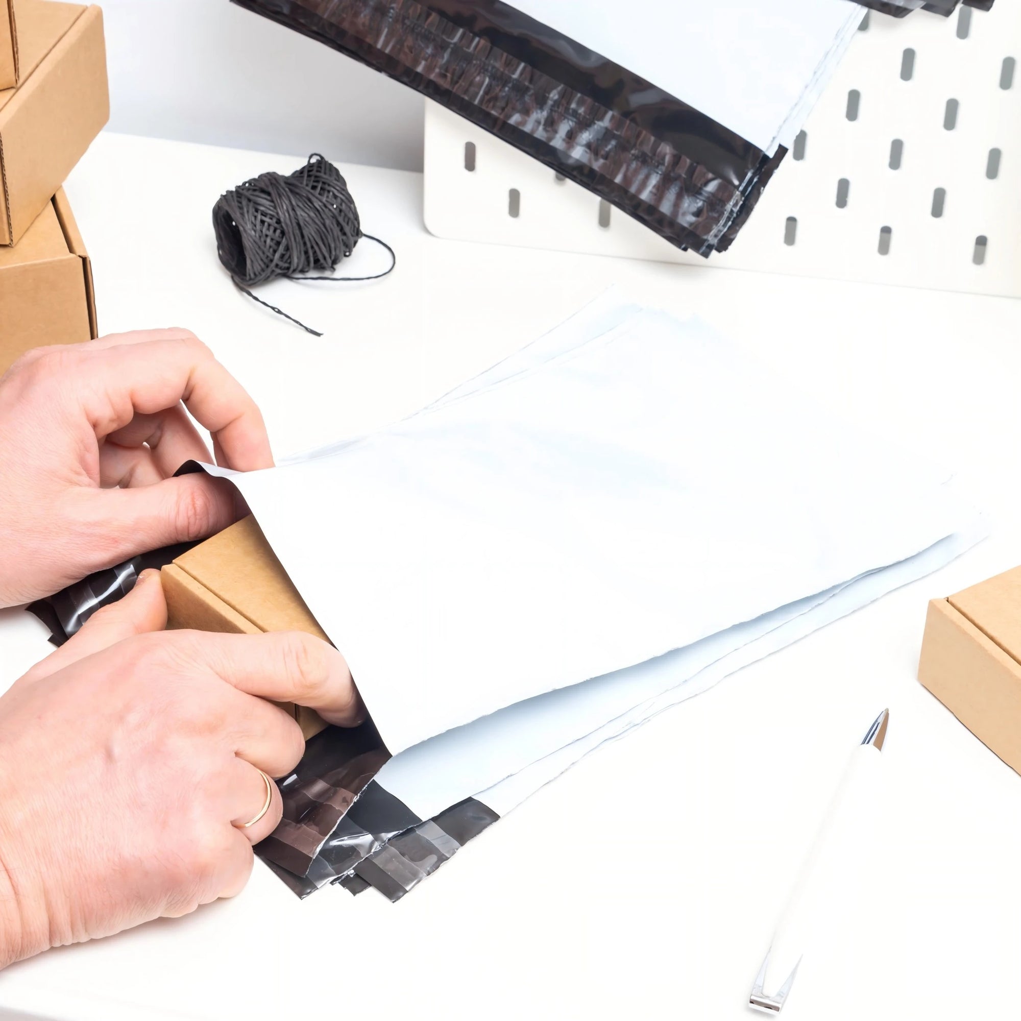 Hands sealing a package in a wholesale poly mailer with shipping supplies on a desk.