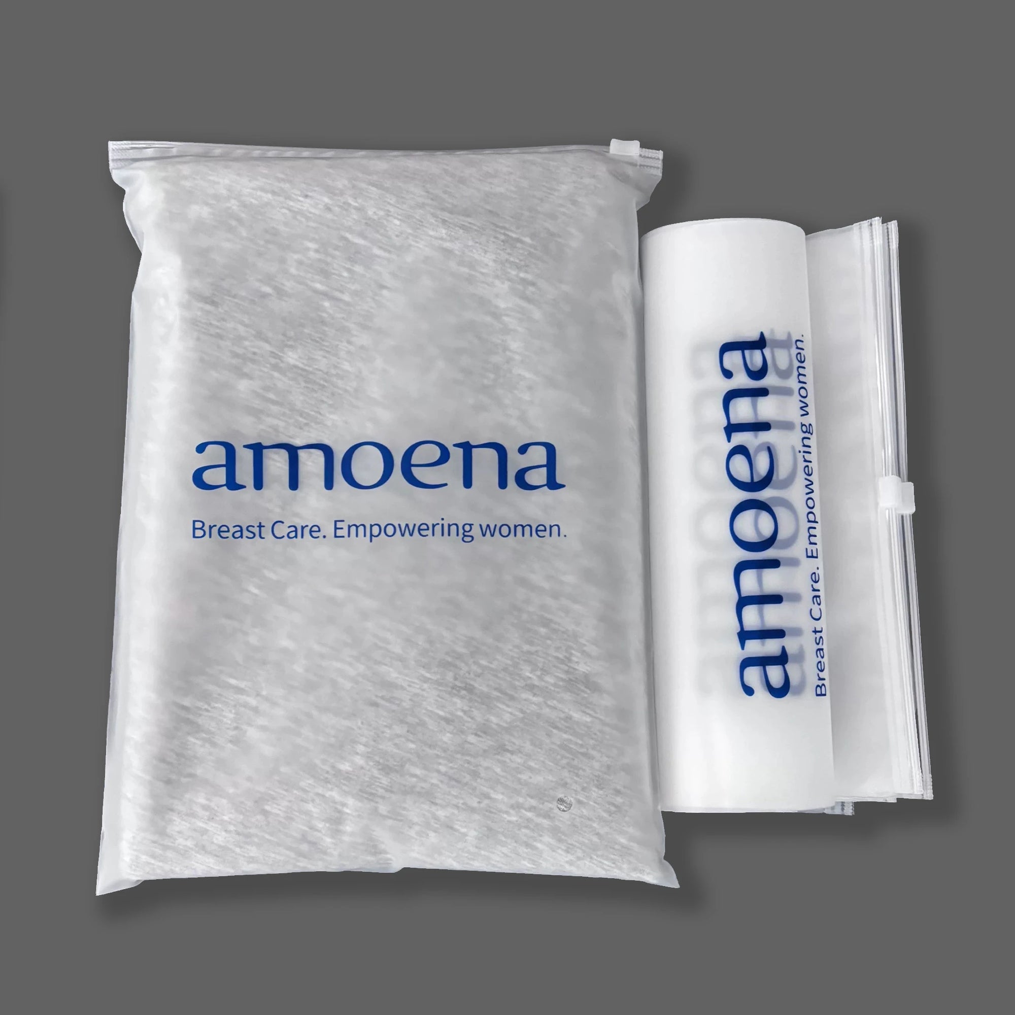 Custom frosted zipper bags featuring amoean logo, ideal for elegant and secure packaging.