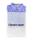 Custom glassine bag with a blue and white striped shirt inside, showcasing glossy finish and printed design.